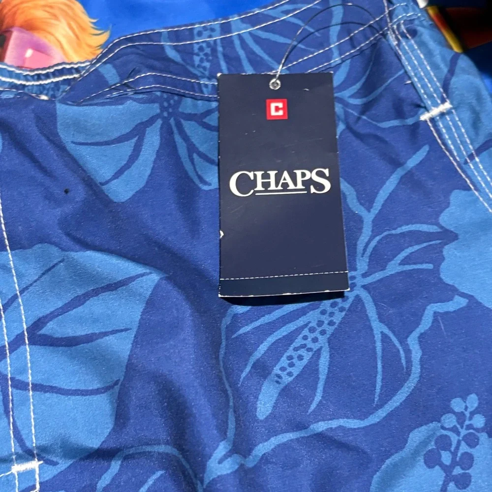 Chaps Swim Trunks Mens Medium‎ Blue New Tropical Hibiscus Floral Cargo Shorts